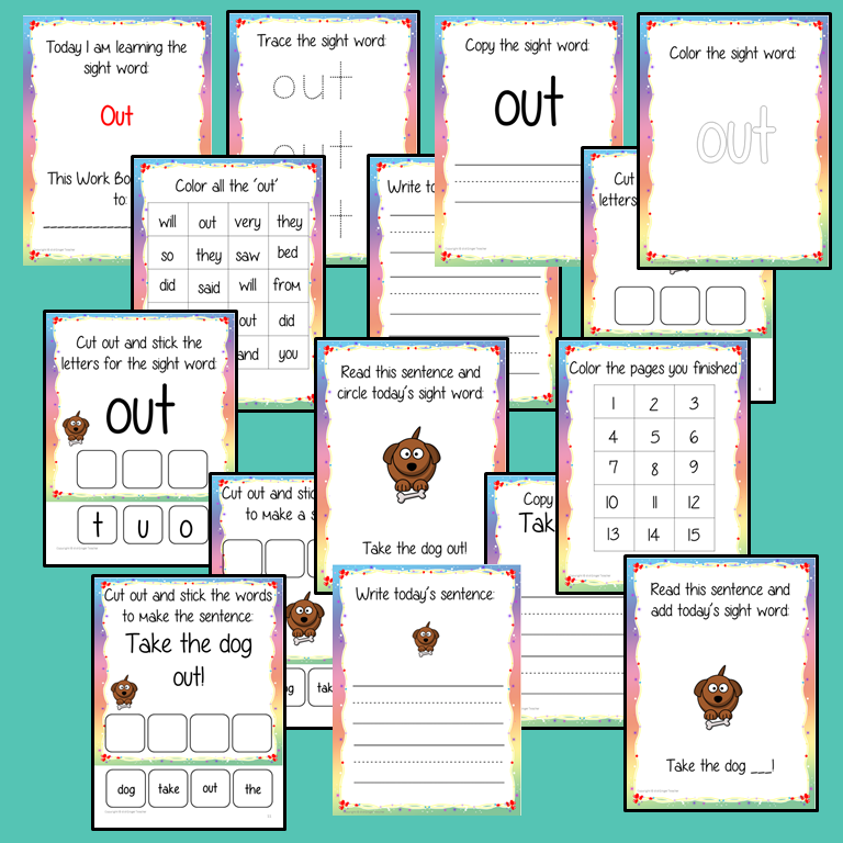 Sight Word ‘out’ 15 Page Workbook Help your children practice their sight words with 15 pages of activities to spell and use the sight word ‘out' in sentences. The 15 pages contain, handwriting practice, tracing and spelling the word and sentence reading and construction.