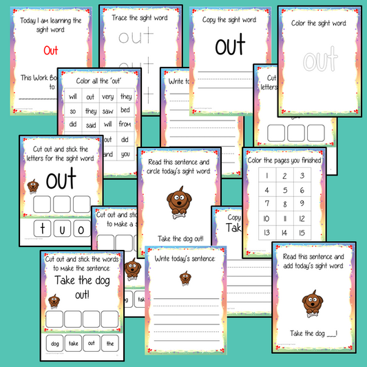 Sight Word ‘out’ 15 Page Workbook Help your children practice their sight words with 15 pages of activities to spell and use the sight word ‘out' in sentences. The 15 pages contain, handwriting practice, tracing and spelling the word and sentence reading and construction.