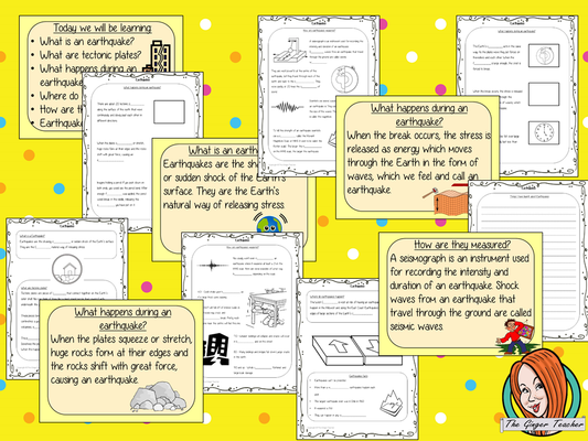 Earthquakes PowerPoint and Worksheets This download teaches children about earthquakes in one complete lesson. Learn all about this natural disaster detailed 21 slide PowerPoint on what earthquakes are, how they happen, tectonic plates, where they are and how they are measured There are also differentiated, 8 page, earthquake worksheets to allow students to demonstrate their understanding. This pack is great for teaching kids all about earthquakes as a natural disaster.