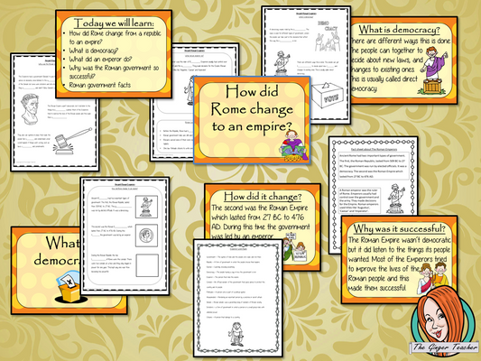 Ancient Romans Emperors and Government Complete History Lesson Teach children about Ancient Romans and their emperors. Complete lesson to teach children about the Roman government and emperors. The children will learn how Rome changed from a republic to empire, what a democracy is, what an emperor did and why the Roman Empire was successful. PowerPoint 6-page worksheet to show their understanding #lessonplanning #ancientromans #romans #teaching #resources #historylessons #historyplanning