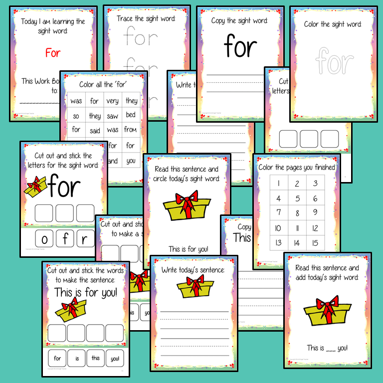 Sight Word ‘For’ 15 Page Workbook Help your children practice their sight words with 15 pages of activities to spell and use the sight word ‘For’ in sentences. The 15 pages contain, handwriting practice, tracing and spelling the word and sentence reading and construction.