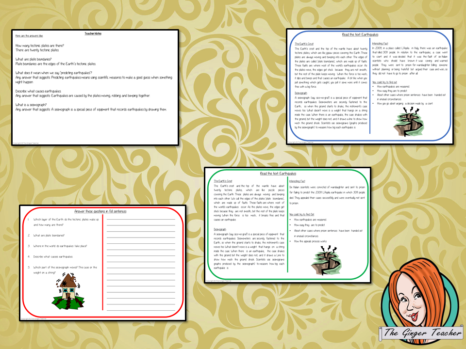 Earthquakes Reading Comprehension Cards Differentiated reading comprehension cards. Three levels of texts and questions to help children with reading comprehension. This text is on Earthquakes and has questions to help children understand and draw meaning from the text.