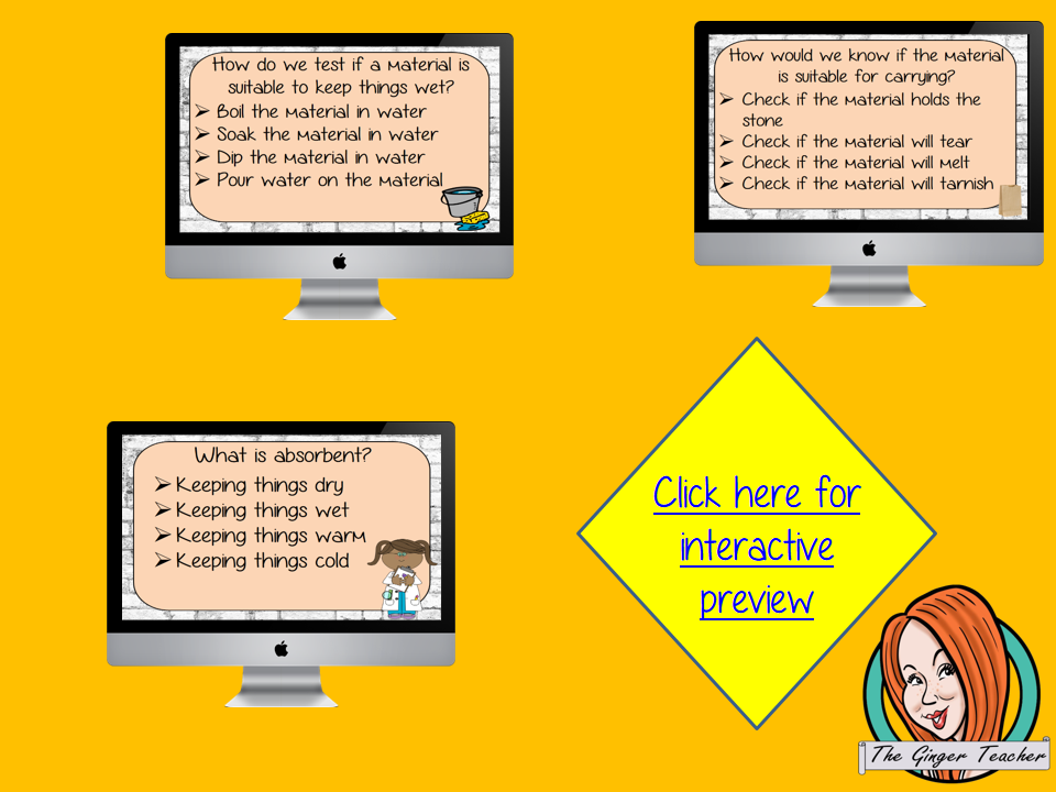 Suitability of Materials Revision Questions This deck revises children’s knowledge of Suitability of Materials. There are multiple choice revision questions to check children’s understanding. These question cards are self-grading and lots of fun!