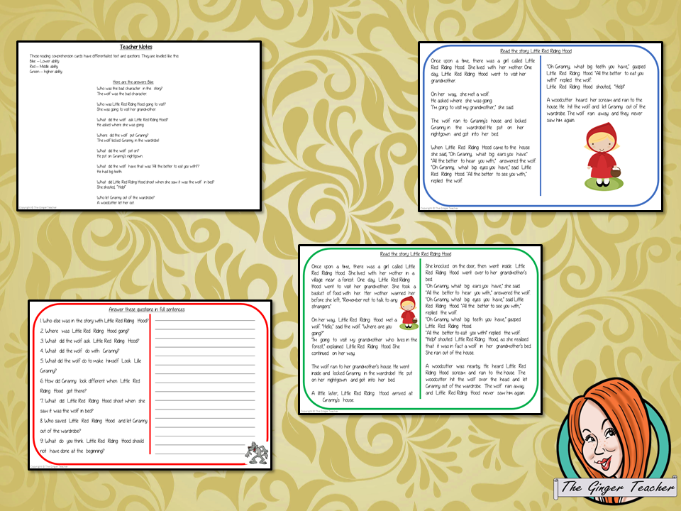 Little Red Riding Hood Reading Comprehension Cards Differentiated reading comprehension cards. Three levels of texts and questions to help children with reading comprehension. This text is on the story of Little Red Riding Hood and has questions to help children understand and draw meaning from the text.