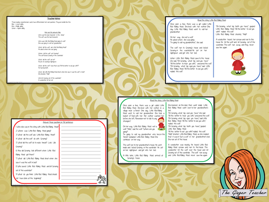 Little Red Riding Hood Reading Comprehension Cards Differentiated reading comprehension cards. Three levels of texts and questions to help children with reading comprehension. This text is on the story of Little Red Riding Hood and has questions to help children understand and draw meaning from the text.