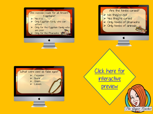 Ancient Egyptian Mummies Revision Questions This deck revises children’s knowledge of Ancient Egyptian Mummies. There are multiple choice revision questions to check children’s understanding. These question cards are self-grading and lots of fun!