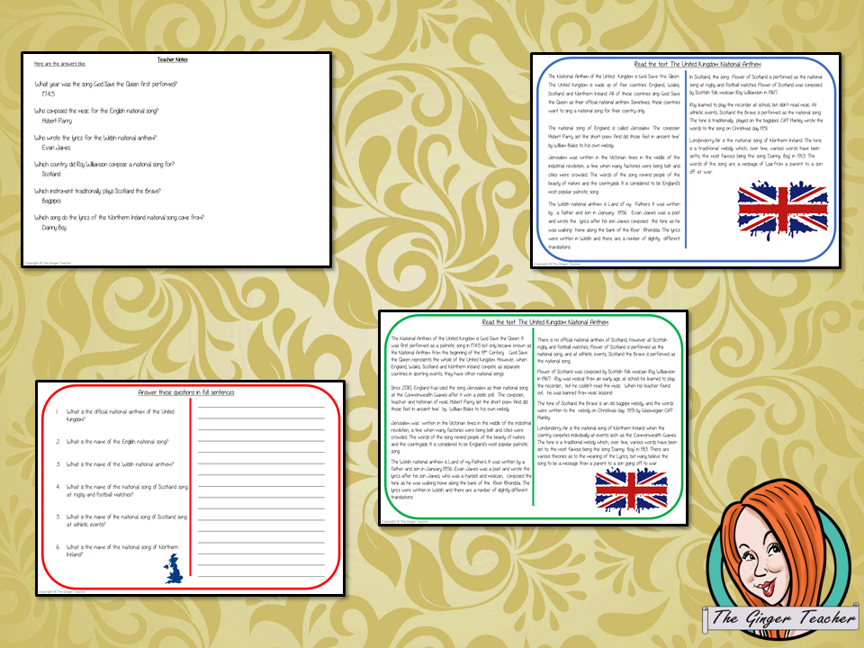 The United Kingdom National Anthem Reading Comprehension Cards  Differentiated reading comprehension cards. Three levels of texts and questions to help children with reading comprehension. This text is on The United Kingdom National Anthem and has questions to help children understand and draw meaning from the text.