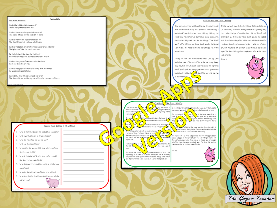 Distance learning The Three Little Pigs digital Reading Comprehension Cards Differentiated reading comprehension cards. Three levels of texts and questions to help children with reading comprehension. This text is on the story of The Three Little Pigs and has questions to help children understand and draw meaning from the text. Google classroom