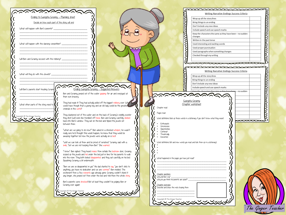 Complete Lesson on Writing Story Endings Complete, English lesson on the 22nd chapter of Gangsta Granny by David Walliams. The lesson focuses on how to plan and write our own endings to the story. Children will read and discuss the chapter. There is a planning sheet for children to decide how the story will end. The class will write narratives to show the ending and then the children will use success criteria and cloze sheets. #lessonplans #bookstudy #teachingideas #readingactivities