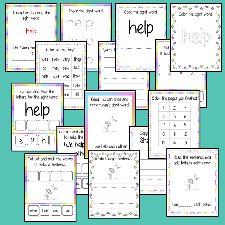 Sight word ‘help’ 15 page workbook. Contains pages to learn the fry sight word ‘help’, for learning the high frequency words. Contains handwriting practice, word practice, spelling and use in sentences. #sightwords # frywords #highfrequencywords