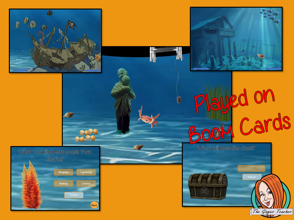 Sharks escape Room Children can learn and practice Shark facts with this fun digital escape room. Children will need to explore the under sea world answer questions and collect information to solve the puzzles and eventually escape. No printing required This game uses Boom Cards and you will need a Boom card account to play it which is free