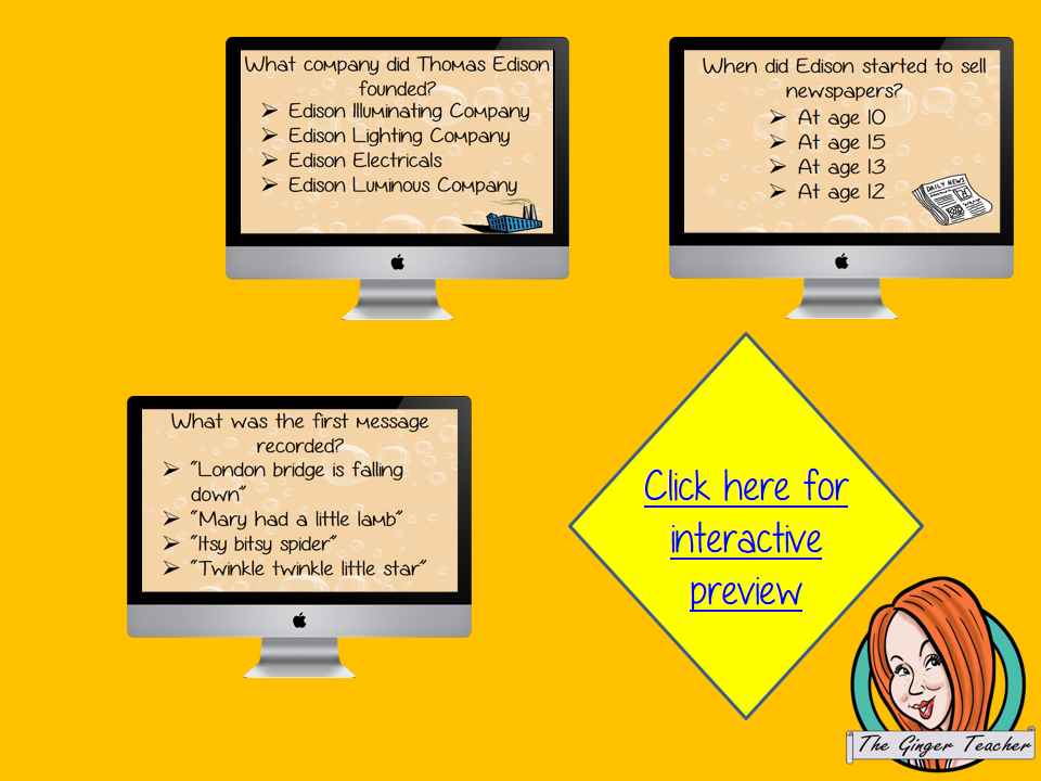 Thomas Edison Revision Questions This deck revises children’s knowledge of Thomas Edison. There are multiple choice revision questions to check children’s understanding. These question cards are self-grading and lots of fun!
