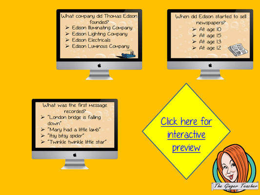 Thomas Edison Revision Questions This deck revises children’s knowledge of Thomas Edison. There are multiple choice revision questions to check children’s understanding. These question cards are self-grading and lots of fun!