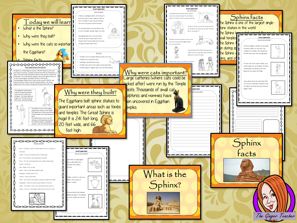Ancient Egyptian The Sphinx - Complete History Lesson a complete resources lesson to teach children about the Sphinx in Ancient Egypt. The children will learn what the Sphinx is, why the Egyptians built them and why cats were so important. There is a detailed PowerPoint 6-page worksheet to allow children to show their understanding, activity to create a fact sheet and a Sphinx word bank. #lessonplanning #ancientegyptians #egyptians #teaching #resources #historylessons #historyplanning