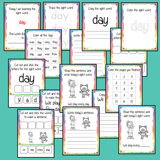 Sight word ‘day’ 15 page workbook. Contains pages to learn the fry sight word ‘day’, for learning the high frequency words. Contains handwriting practice, word practice, spelling and use in sentences. #sightwords # frywords #highfrequencywords