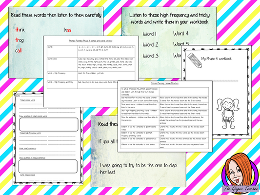 Phonics Phase 4 Complete Unit of Lessons this download includes three weeks of phonics lessons for phase 4. Fifteen full lessons each with PowerPoints, lesson structure and workbook pages. Tricky sight words and high frequency words are practiced alongside the sounds and sound words. Audio is included in the PowerPoints to allow children to practice writing. Each lesson has silly sentences to make the learning fun. #teaching #phonics #reading #phase3 #jollyphonics #phonicslessons #lessons