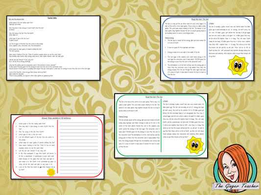The Sun Reading Comprehension Cards Differentiated reading comprehension cards. Three levels of texts and questions to help children with reading comprehension. This text is on The Sun and has questions to help children understand and draw meaning from the text.