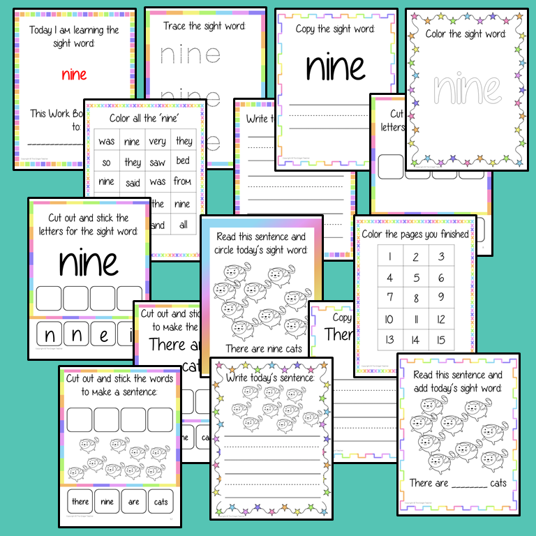 Sight word ‘nine’ 15 page workbook. Contains pages to learn the fry sight word ‘nine’, for learning the high frequency words. Contains handwriting practice, word practice, spelling and use in sentences. #sightwords # frywords #highfrequencywords