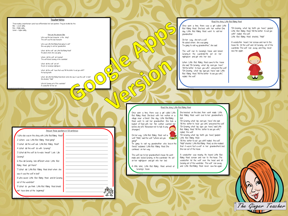 Distance learning Little Red Riding Hood digital Reading Comprehension Cards Differentiated reading comprehension cards. Three levels of texts and questions to help children with reading comprehension. This text is on the story of Little Red Riding Hood and has questions to help children understand and draw meaning from the text. Google classroom