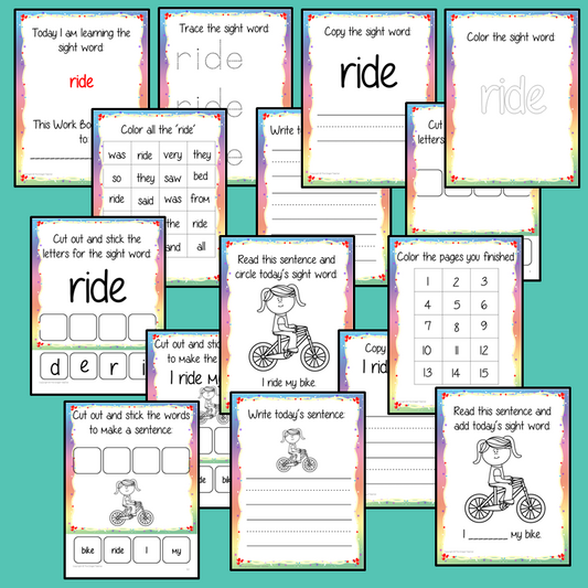 Sight word ‘ride’ 15 page workbook. Contains pages to learn the fry sight word ‘ride’, for learning the high frequency words. Contains handwriting practice, word practice, spelling and use in sentences. #sightwords # frywords #highfrequencywords
