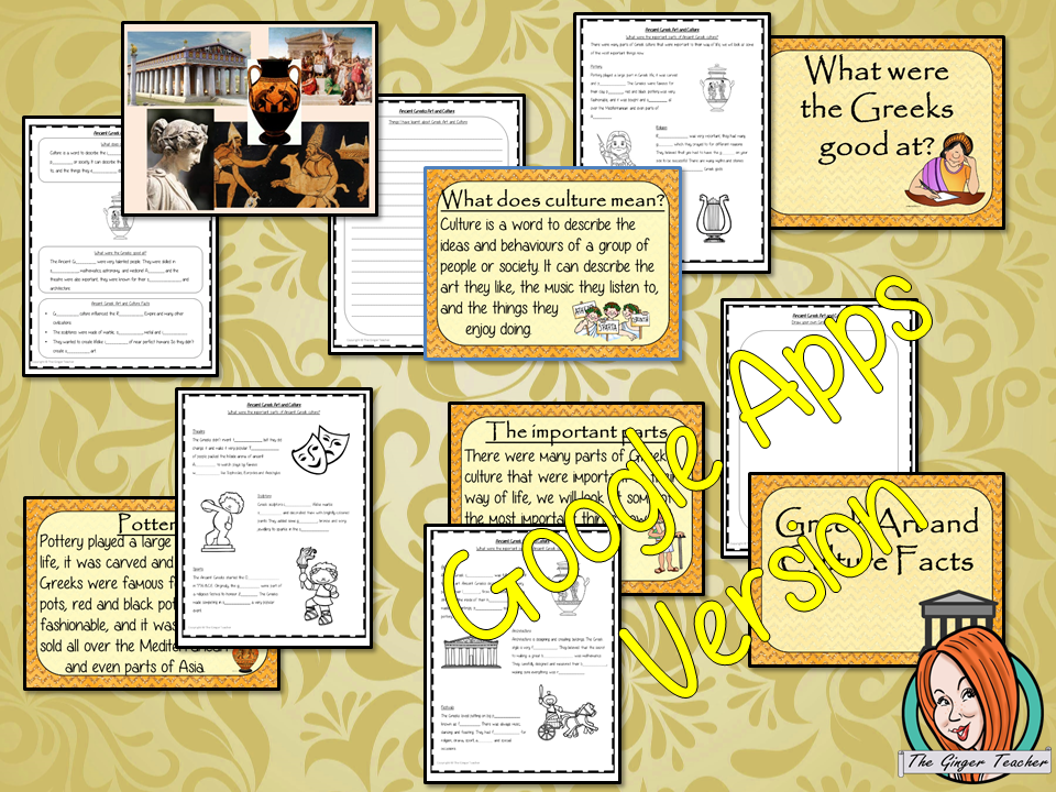 Distance Learning Ancient Greeks Art and Culture Complete History Lesson Teach children about Ancient Greeks and their art and culture. This download is a complete lesson to teach children about the different art and culture of the Ancient Greeks. detailed 29 slide PowerPoint and 4 versions of the 6-page worksheet to show understanding an activity #lessonplanning #ancientGreeks #Greeks #teaching #resources #historylessons #historyplanning #googleclassroom