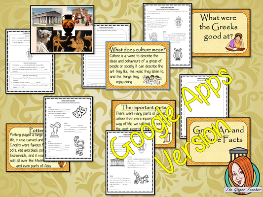 Distance Learning Ancient Greeks Art and Culture Complete History Lesson Teach children about Ancient Greeks and their art and culture. This download is a complete lesson to teach children about the different art and culture of the Ancient Greeks. detailed 29 slide PowerPoint and 4 versions of the 6-page worksheet to show understanding an activity #lessonplanning #ancientGreeks #Greeks #teaching #resources #historylessons #historyplanning #googleclassroom