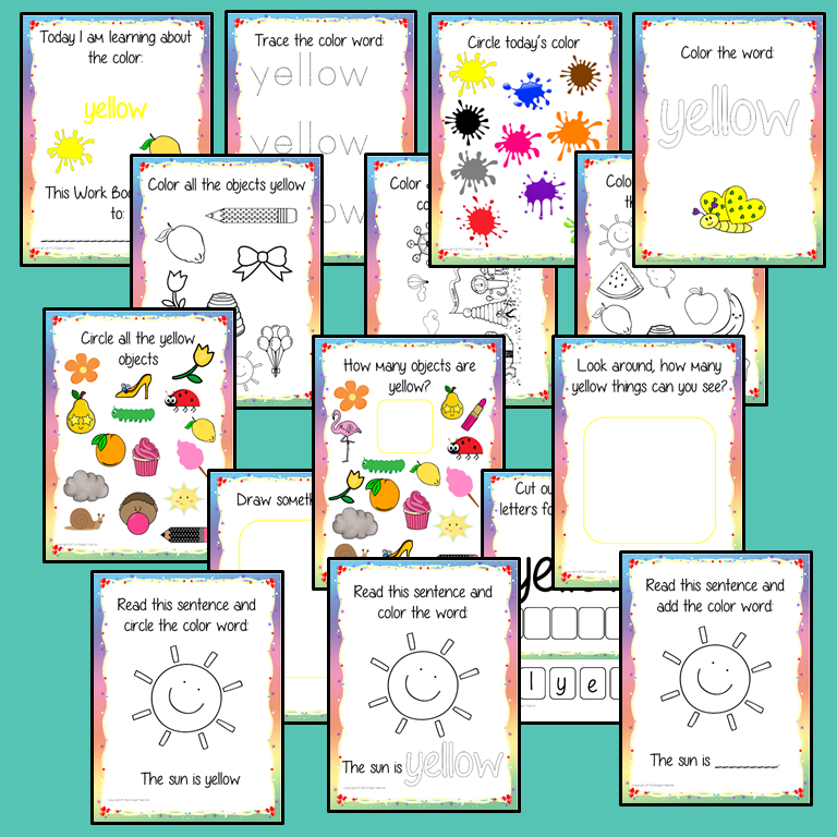 Color ‘Yellow’ 16 Page Workbook Help your children practice recognizing and writing the color yellow, with 15 pages of activities to select and color. The 15 pages contain, object coloring, tracing, spelling the color word and picking out the yellow objects. #learncolors #teachcolors