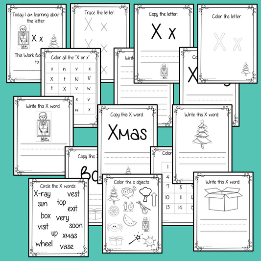 Alphabet Book Letter X Help your children practice recognizing and using X, with 15 pages of activities. The 15 pages contain, copying, tracing, writing, coloring, reading and spotting the letter and sound X