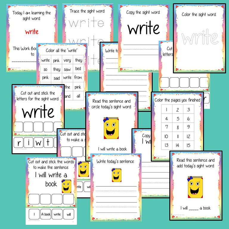 Sight Word ‘Write’ 15 Page Workbook Help your children practice their sight words with 15 pages of activities to spell and use the sight word ‘Write’ in sentences. The 15 pages contain, handwriting practice, tracing and spelling the word and sentence reading and construction.