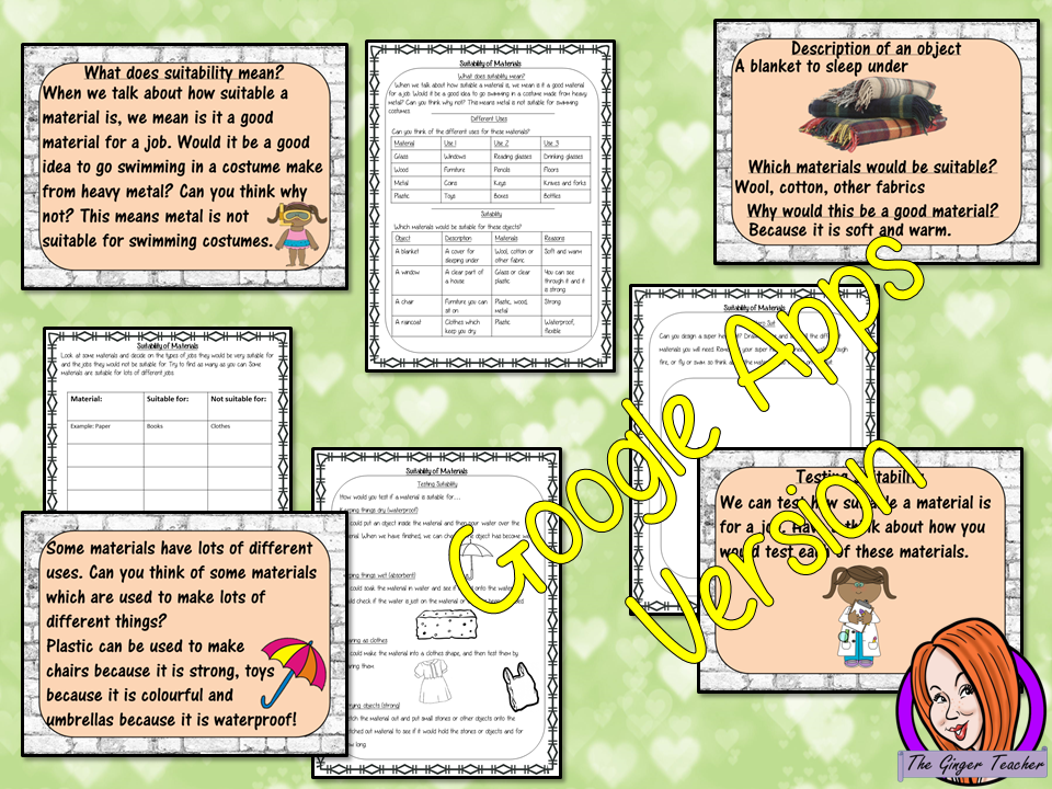 Distance Learning Suitability of Materials Google Slides Lesson Suitability of Materials This lesson includes a detailed 40 slide presentation on the Suitability of materials for their purpose. There is also differentiated worksheets to allow children to demonstrate understanding of the suitability of materials and a chart to allow for an investigation activity. This is the Google Slides version of this lesson!
