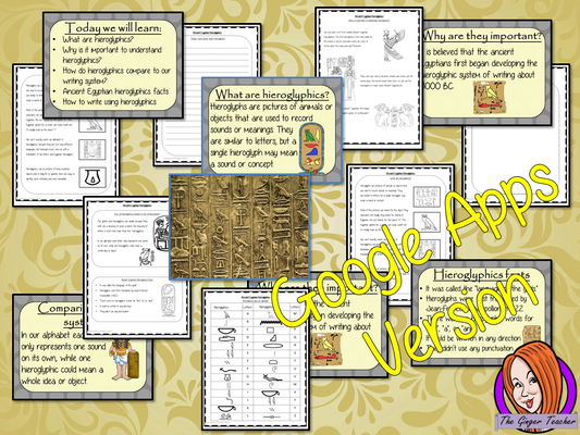 Distance Learning Ancient Egyptian Hieroglyphics Google Slides Lesson Teach children about Ancient Egypt and Ancient Egyptian Hieroglyphics. This is a complete resources lesson to teach children about the use of Hieroglyphics in Ancient Egypt. The children will learn what they were, why are they are important and look at the difference between our writing system and theirs. There is a detailed 22 slide presentation and four versions of the 6-page, Google Slides worksheet to allow children to show their u