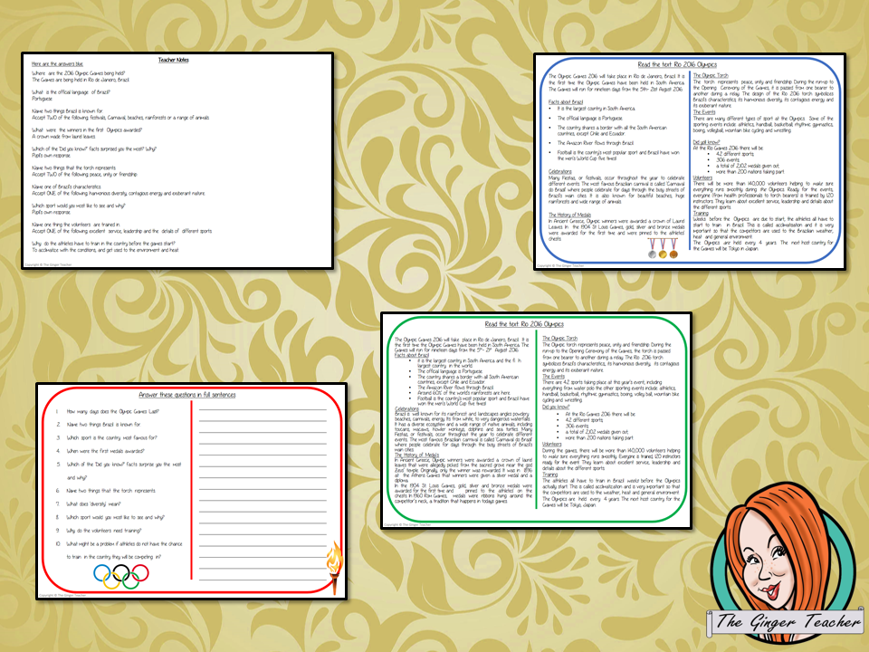 Rio 2016 Olympics Reading Comprehension Cards Differentiated reading comprehension cards. Three levels of texts and questions to help children with reading comprehension. This text is on Rio 2016 Olympics and has questions to help children understand and draw meaning from the text.