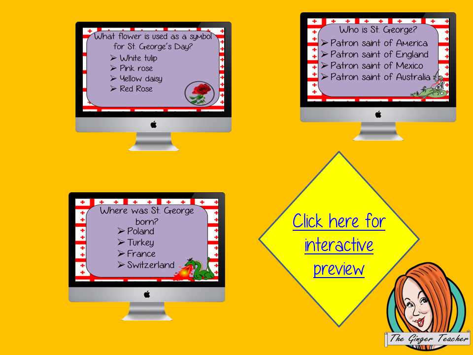 Saint George's Day Revision Questions This deck revises children’s knowledge of Saint George's Day. There are multiple choice revision questions to check children’s understanding. These question cards are self-grading and lots of fun!