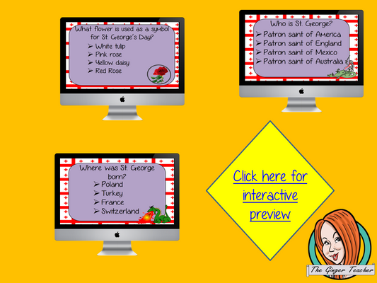 Saint George's Day Revision Questions This deck revises children’s knowledge of Saint George's Day. There are multiple choice revision questions to check children’s understanding. These question cards are self-grading and lots of fun!