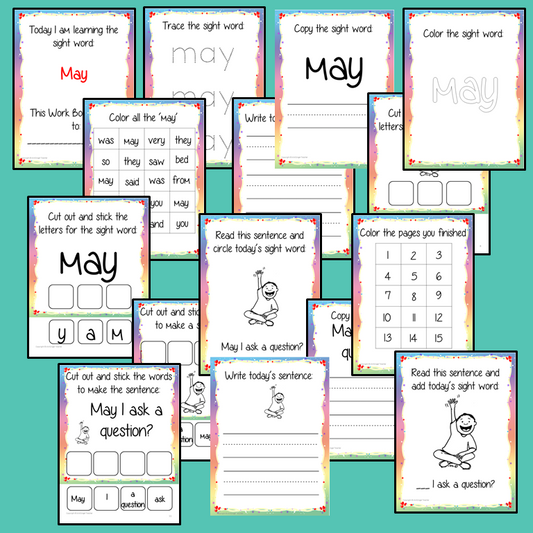 Sight Word ‘May’ 15 Page Workbook Help your children practice their sight words with 15 pages of activities to spell and use the sight word ‘You’ in sentences. The 15 pages contain, handwriting practice, tracing and spelling the word and sentence reading and construction.
