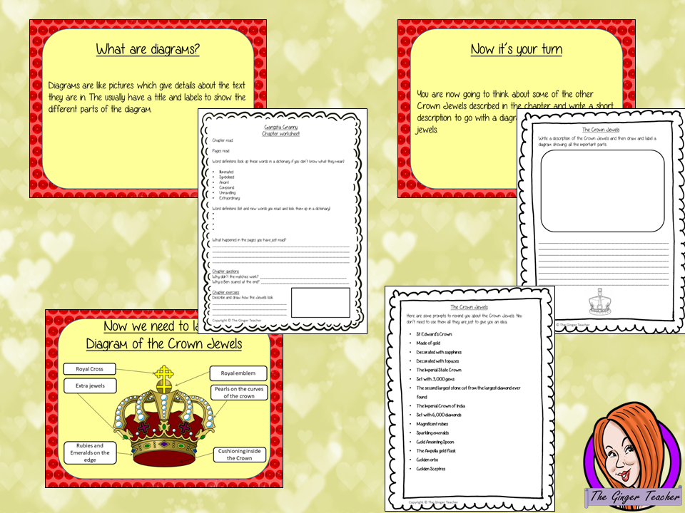 Complete Lesson on Using and Labelling Diagrams in texts - Gangsta Granny by David Walliams Complete lesson on the 26th chapter of Gangsta Granny by David Walliams. Children will read and discuss the chapter. There is a PowerPoint to explain diagrams and the activity. Children can then plan and write their own short piece of writing. Then children will create a detailed diagram. There is also a short chapter summary sheet #lessonplans #bookstudy #teachingideas #readingactivities