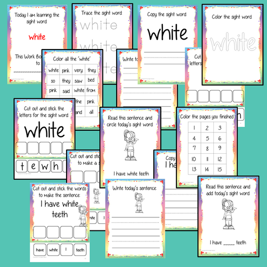 Sight Word ‘White’ 15 Page Workbook Help your children practice their sight words with 15 pages of activities to spell and use the sight word ‘White’ in sentences. The 15 pages contain, handwriting practice, tracing and spelling the word and sentence reading and construction.