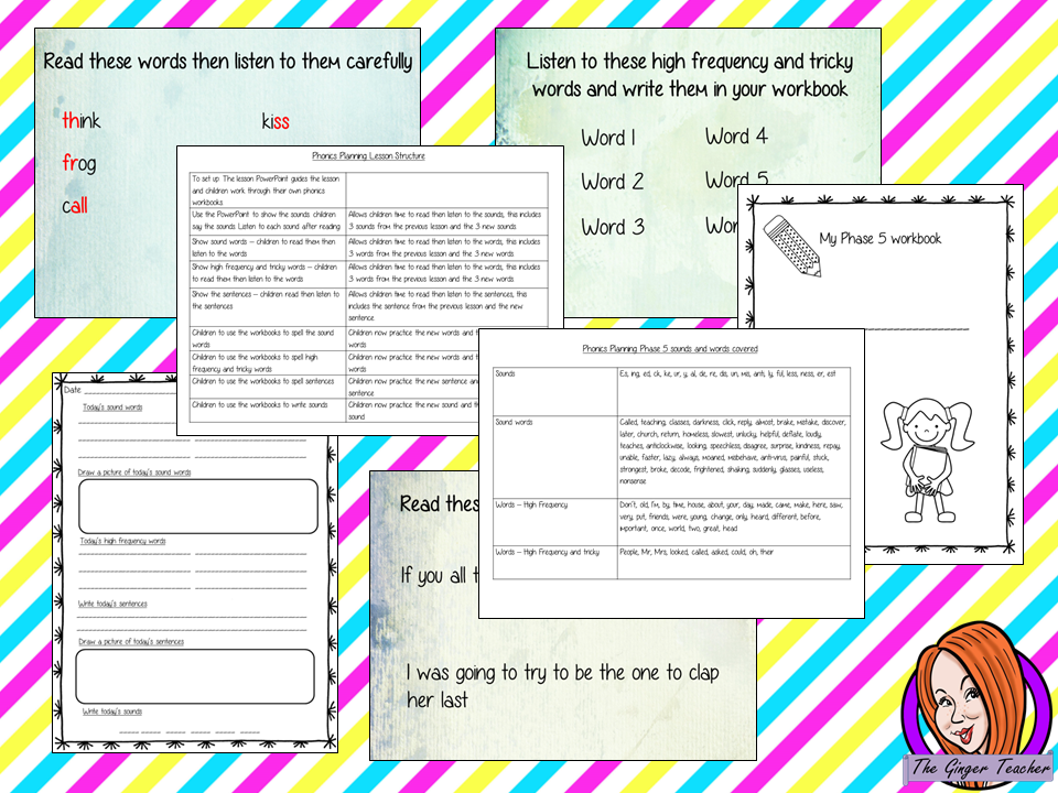Phonics  Phase 5 Complete Unit of Lessons this download includes three weeks of phonics lessons for phase 5. Fifteen full lessons each with PowerPoints, lesson structure and workbook pages. Tricky sight words and high frequency words are practiced alongside the sounds and sound words. Audio is included in the PowerPoints to allow children to practice writing. Each lesson has silly sentences to make the learning fun. #teaching #phonics #reading #phase5 #jollyphonics #phonicslessons #lessons