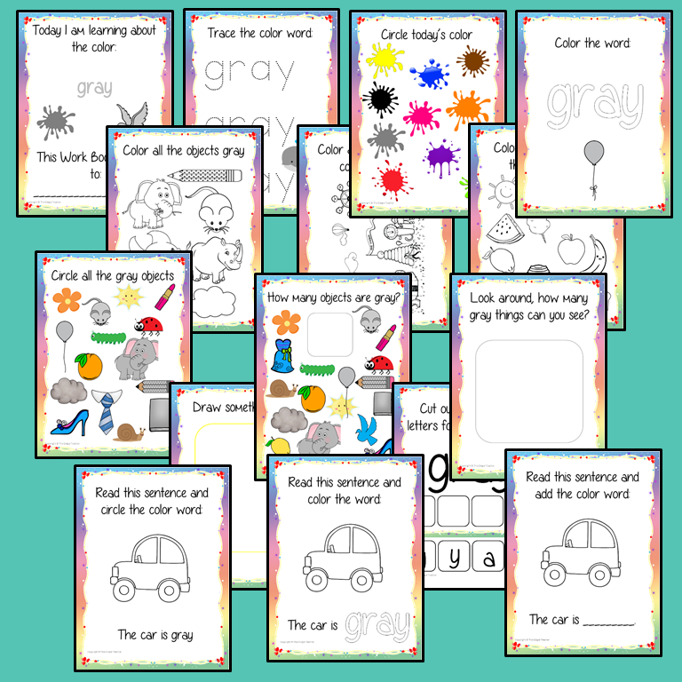 Color ‘Gray’ 16 Page Workbook Help your children practice recognizing and writing the color Gray, with 15 pages of activities to select and color. The 15 pages contain, object coloring, tracing, spelling the color word and picking out the Gray objects. #learncolors #teachcolors #gray #grey