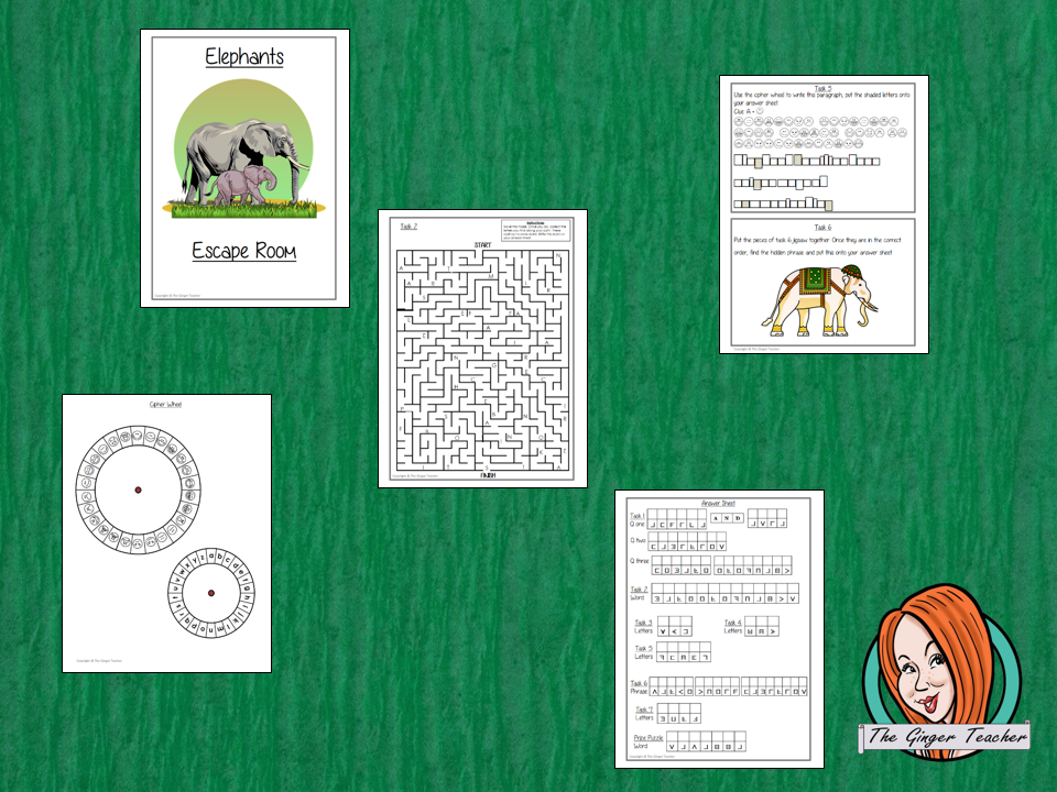 Elephants Escape Room Game Try this escape room style game with your students today! This is a fun game that is perfect for teaching children about Elephants. This game focuses on students finding out facts and information and using these to solve puzzles. This helps them to learn. This activity is great for the beginning of a topic to introduce information or at the end to recap. Students are trying to help an alien understand Elephants and they must solve a series of clues, as well as decode d