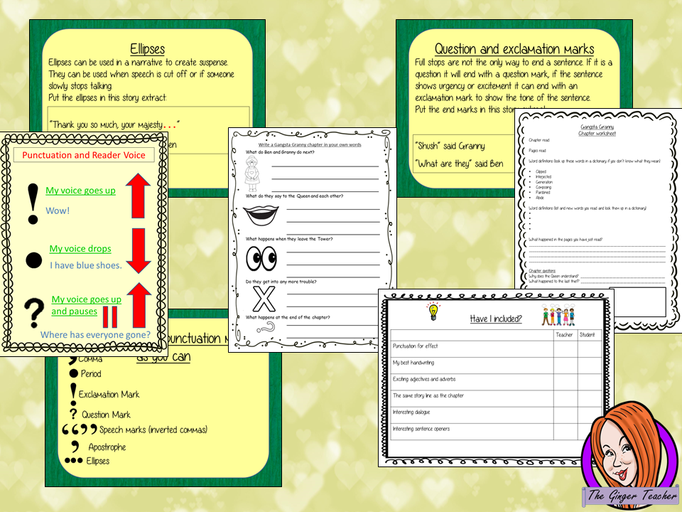Complete narrative writing lesson on the twenty-eighth chapter of the book Gangsta Granny by David Walliams. Children read and discuss the chapter. There are activities to explain punctuation with an anchor chart and detailed PowerPoint to ensure the elements of punctuation are broken down. Children can then plan and write their own narratives independently.#lessonplans #bookstudy #teachingideas #readingactivities