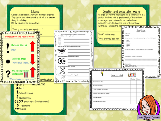 Complete narrative writing lesson on the twenty-eighth chapter of the book Gangsta Granny by David Walliams. Children read and discuss the chapter. There are activities to explain punctuation with an anchor chart and detailed PowerPoint to ensure the elements of punctuation are broken down. Children can then plan and write their own narratives independently.#lessonplans #bookstudy #teachingideas #readingactivities