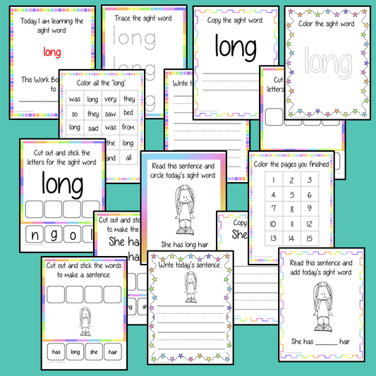 Sight word ‘long’ 15 page workbook. Contains pages to learn the fry sight word 'long’, for learning the high frequency words. Contains handwriting practice, word practice, spelling and use in sentences. #sightwords # frywords #highfrequencywords