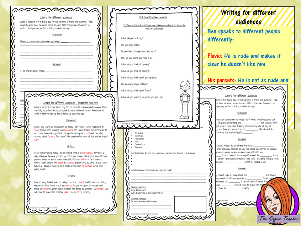 Complete Lesson on Writing for Different Audiences  Gangsta Granny by David Walliams a complete, English lesson on the 21st chapter of the book Gangsta Granny. The lesson focuses on how to write for different audiences. Children will read and discuss the chapter. The class will write recounts for different audiences together and then the children will use writing frames and cloze sheets to create their own recounts. #lessonplans #bookstudy #teachingideas #readingactivities