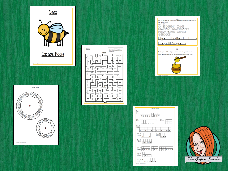 Bees Escape Room Game Try this escape room style game with your students today! This is a fun game that is perfect for teaching children about Bees. This game focuses on students finding out facts and information and using these to solve puzzles. This helps them to learn. This activity is great for the beginning of a topic to introduce information or at the end to recap. Students are trying to help an alien understand Bees and they must solve a series of clues, as well as decode different cipher
