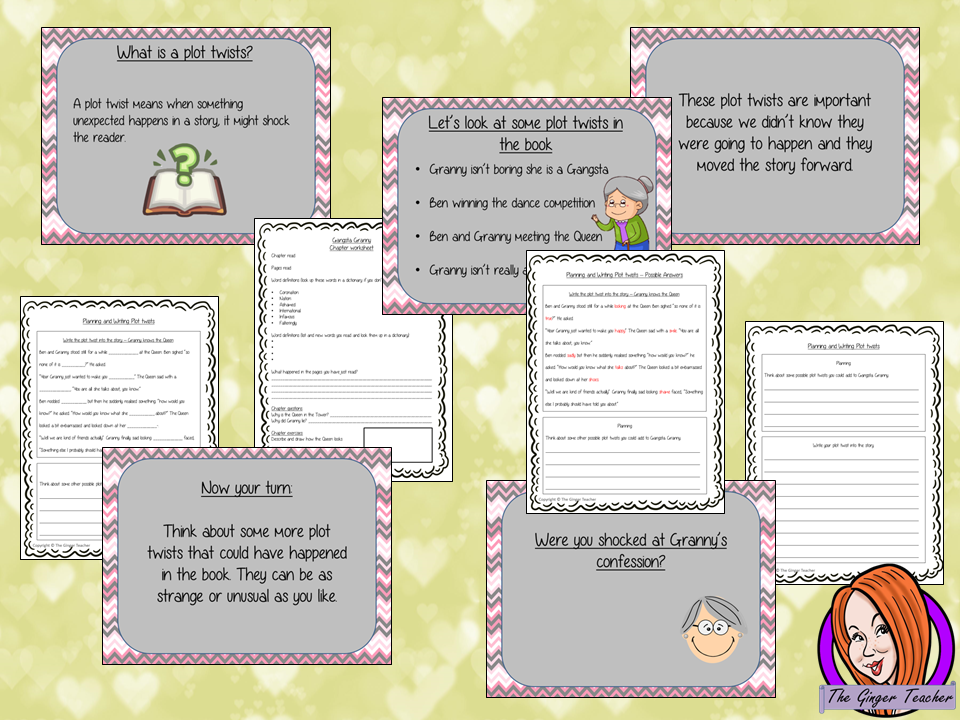 Complete Lesson on Writing Plot Twists Related to Gangsta Granny by David Walliams This download includes a complete, lesson on writing story settings based on the twenty-seventh chapter of the book Gangsta Granny by David Walliams. Children will read and discuss the chapter. There is a PowerPoint to explain plot twists with examples. Children can then plan and write their own plot twists into the story, independently. #lessonplans #bookstudy #teachingideas #readingactivities
