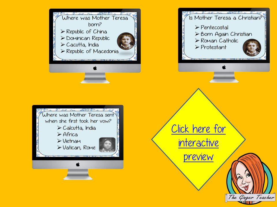 Mother Teresa Revision Questions This deck revises children’s knowledge of Mother Teresa. There are multiple choice revision questions to check children’s understanding. These question cards are self-grading and lots of fun!
