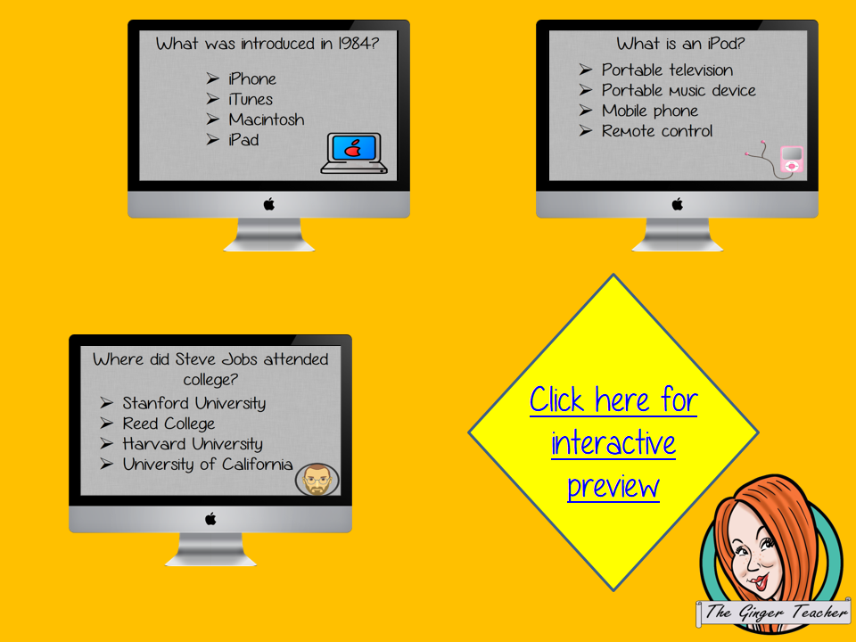 Steve Jobs Revision Questions This deck revises children’s knowledge of Steve Jobs. There are multiple choice revision questions to check children’s understanding. These question cards are self-grading and lots of fun!