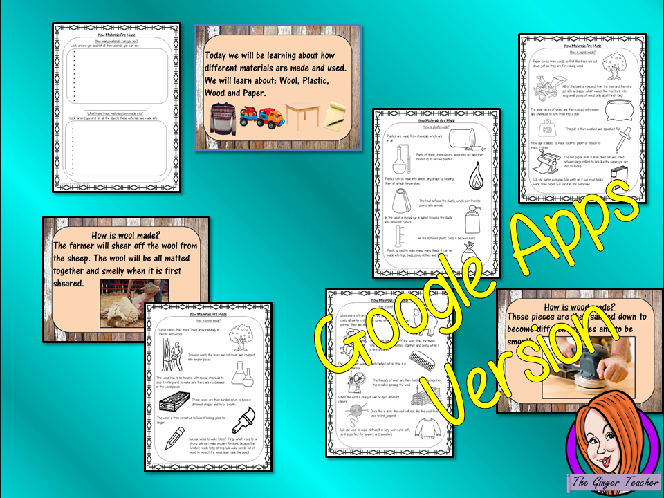 Distance Learning How Materials are Made Google Slides Lesson This download includes a detailed 40 slide presentation to explain How Materials are made. There are also differentiated Google Slides worksheets to allow children to demonstrate understanding how materials are made and a worksheet to allow children to write their own instructions. This is the Google Slides version of this lesson!