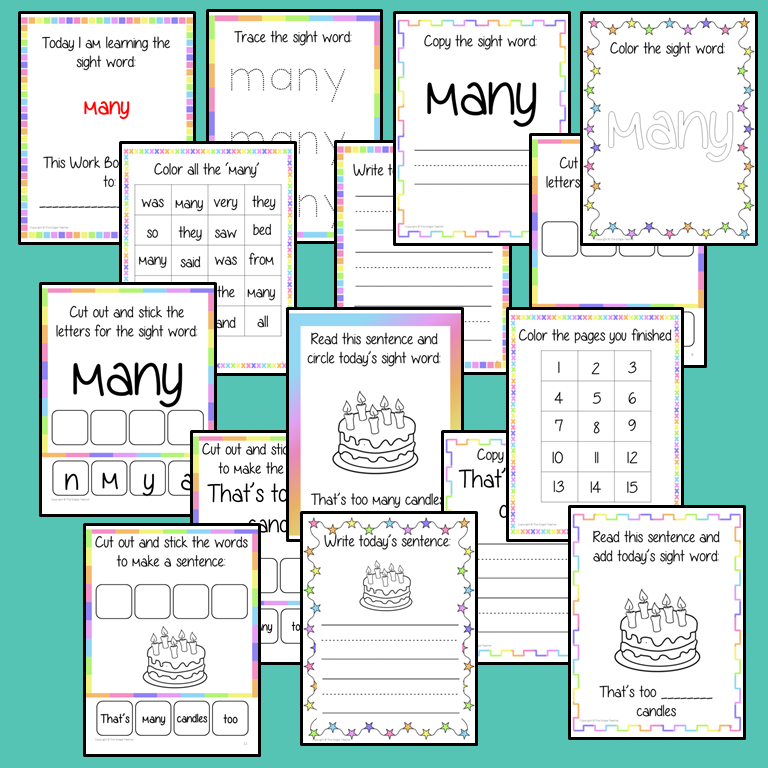 Sight word ‘many’ 15 page workbook. Contains pages to learn the fry sight word ‘many’, for learning the high frequency words. Contains handwriting practice, word practice, spelling and use in sentences. #sightwords # frywords #highfrequencywords